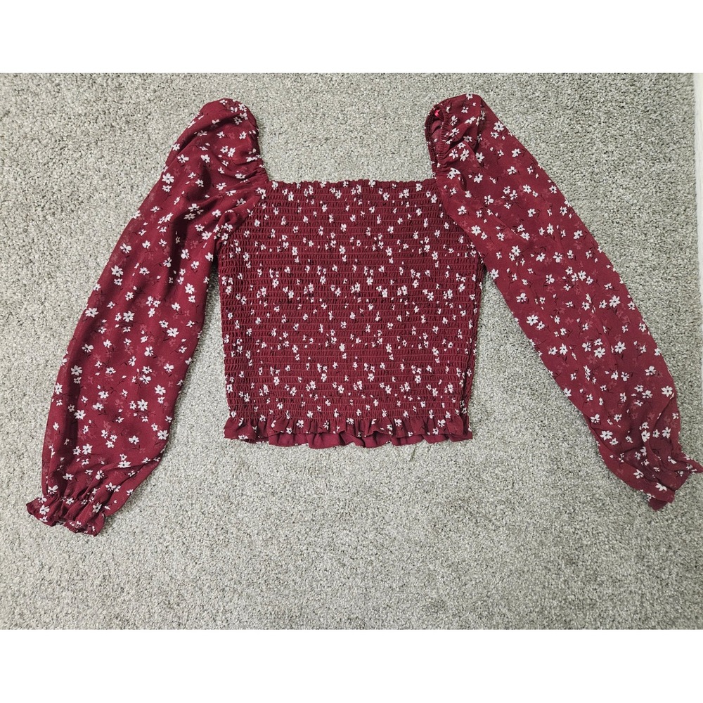 Lush Smocked Floral Crop Top Dark Red Long Sheer Sleeve Square Neck Large